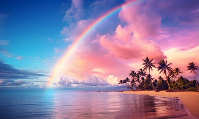 Sunset of beach with palm trees and rainbow