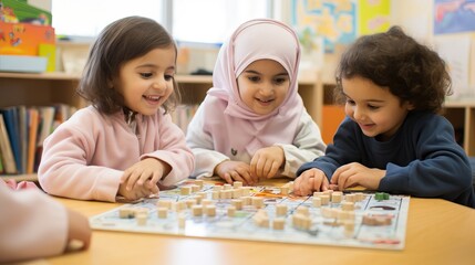 muslim little girls playing at class with friends, bonding cultures, integration concept