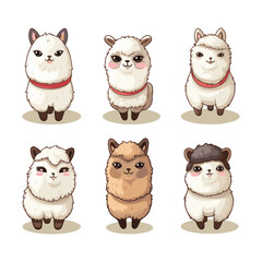 Vector illustration of 6 adorable lamas isolated on white background