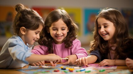 Fototapeta premium little girls playing at class and learning during a normal day