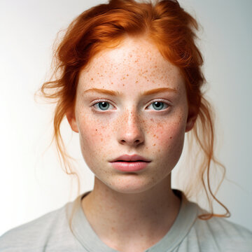 Close-up portrait of a beautiful red-haired young girl on a white background. Studio shooting with soft light. A young woman with bright eyes without a smile.