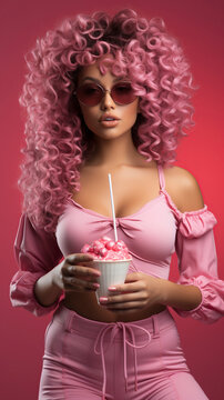 Luxurious girl in trendy pink is holding an ice cream. Girl in the style of the 90s. stylish pink color in accessories and make-up.