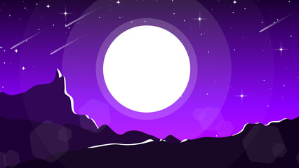mountain landscape background. mountain view at night with moon and stars. night sky with moon and stars background. mountain landscape wallpaper for dekstop. night purple sky.