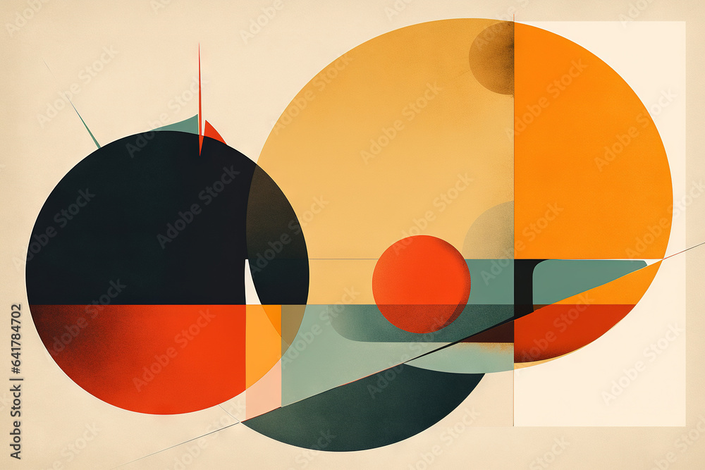 Poster Abstract background in the style of expressionism, modern and Bauhaus. Artistic abstraction with colorful circles and lines.
