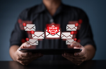 Phishing e-mail alert. Email inbox with spam virus caution sign. Notification on internet threat...