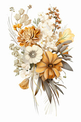 fondo de ramo de flores de colores blanco, naranja y gris, sobre fondo blanco