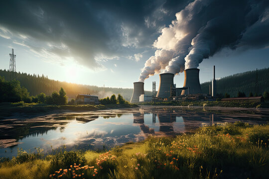 central nuclear en funcionamiento en la naturaleza junto a un lago