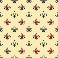 fleur-de-lis seamless pattern.Black pink template. Floral texture. Elegant decoration, royal lily retro background. Design vintage for card, wallpaper, wrapping, textile.