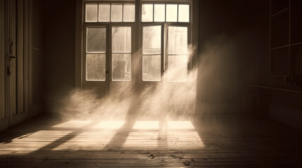 Dusty room with old distressed windows and sun rays. Abandoned grungy interior with lights in the dust.
