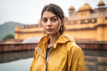 Fototapeta premium Photography in the style of pensive portraiture of a jovial girl in her 30s wearing a waterproof rain jacket at the amber fort in jaipur india. With generative AI technology