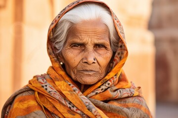 Medium shot portrait photography of a glad old woman wearing a quilted insulated jacket at the amber fort in jaipur india. With generative AI technology