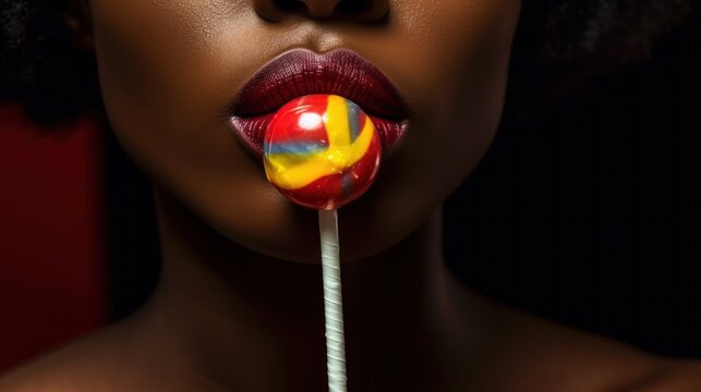 Close-up portrait of beautiful african american woman with colorful lollipop