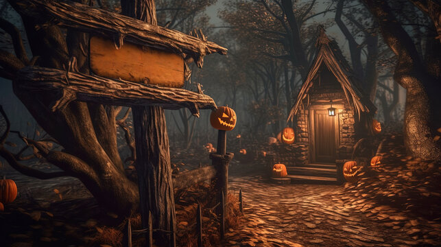 Signboard at the enty of dark fairytale village in Halloween style.