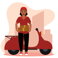 Delivery girl with boxes next to a motorcycle Vector