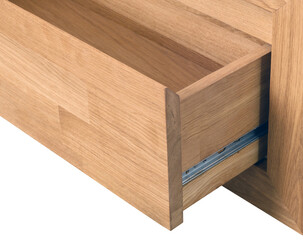 Wooden drawer with a slider close view photo, wooden eco furniture elements background. Solid wood...