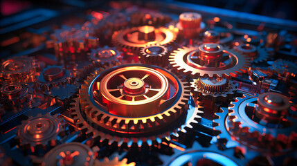 An intricate network of gears and cogs, representing the intricacies of business operations - obrazy, fototapety, plakaty