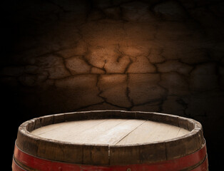 background of barrel and worn old table of wood. High quality photo