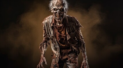 Scary Halloween zombie, horror scene with dead monster, infected rotting creature, detailed undead person fiction in gore costume