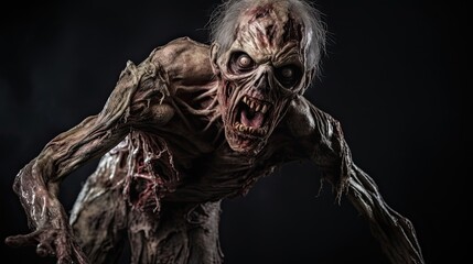 Scary Halloween zombie, horror scene with dead monster, infected rotting creature, detailed undead person fiction in gore costume