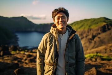 Environmental portrait photography of a happy boy in his 30s wearing a trendy bomber jacket at the aogashima volcano in tokyo japan. With generative AI technology