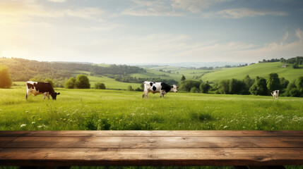 Empty wooden table top with grass field and cows in background.