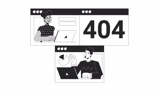 Camera failed on online meeting black and white error 404 animation. Poor internet connectivity error message gif, motion graphic. Sad coworkers animated characters linear 4K video isolated on white