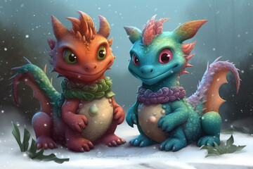 Illustration of Cute little baby dragon with big eyes in winter landscape. Fantasy monster in the forest. Сartoon character. Symbol of Chinese 2024 year