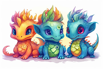 Illustration of three Cute little baby dragons with big eyes. Fantasy monsters isolated on white background. Сartoon character. Symbol of Chinese 2024 year