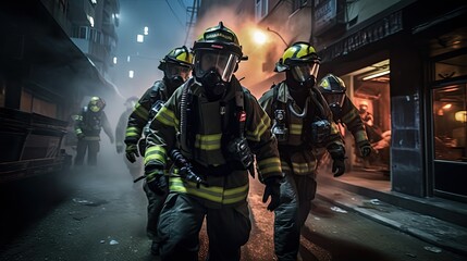 Dynamic shot of a multi-ethnic emergency team in action, the urgency highlighted by flashing green indicators and equipment