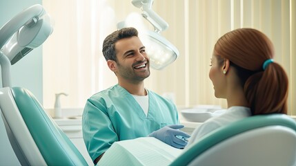 Middle Eastern dentist working on a patient, the soothing blue-green ambiance of the clinic setting the patient at ease
