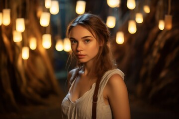 Fototapeta premium Photography in the style of pensive portraiture of a cheerful girl in her 20s wearing an elegant corset at the waitomo glowworm caves in waikato new zealand. With generative AI technology