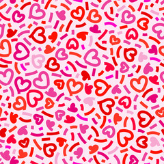 Red love heart seamless pattern illustration. Cute modern romantic pink hearts background print. Valentine's day holiday backdrop texture, romantic wedding design.