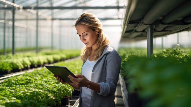 Female farmer stands and holds tablet in her hands against background of field.