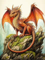Obraz premium Orange Young Dragon with Wings Outstretched on Mossy Outcrop in Misty Mountains, Scaly Mythical Fantasy Creature in Wild Setting Illustration