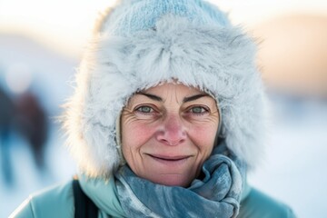 Close-up portrait photography of a merry mature woman wearing a warm ski hat at the pamukkale in denizli turkey. With generative AI technology