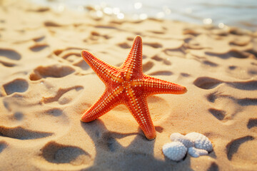 Fototapeta na wymiar Starfish on the sand on the beach among seashells. Summer vacation photo