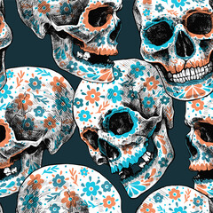 Seamless pattern with floral sugar skulls and flowers. The Day of the Dead. Beautiful colorful illustration.