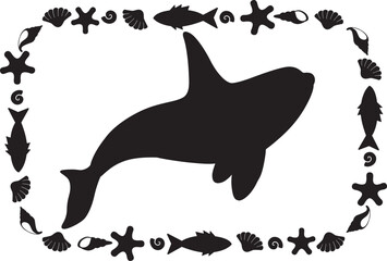 Killer whale marine mammal animal silhouette in a rectangular frame - vector template for print or cut. Orca animal mammal composition on a marine theme