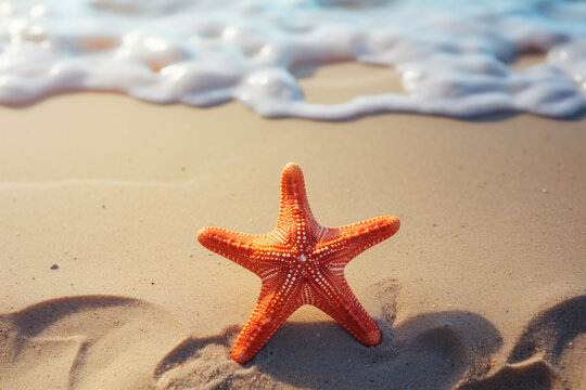 Starfish on the sand on the beach among seashells. Summer vacation photo