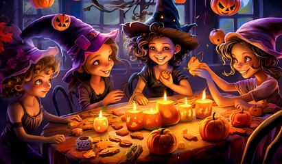 Young Witches Celebrating Halloween