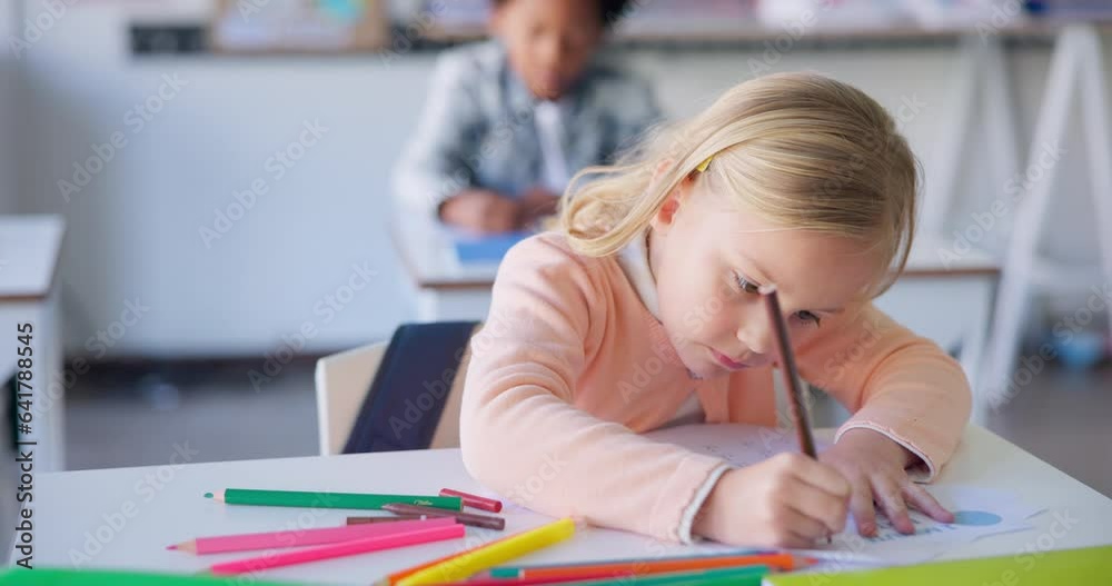 Poster lesson, girl or students in a classroom, writing or knowledge with productivity, development or note