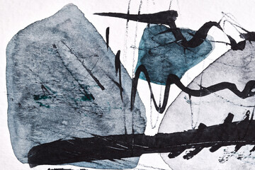 Abstract blue background. Watercolor ink art collage. Stains, blots and brush strokes of acrylic paint.