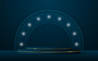 Blue podium has a blue round shape on the back for product presentation. Cosmetic product display. Stage or podium. vector illustration
