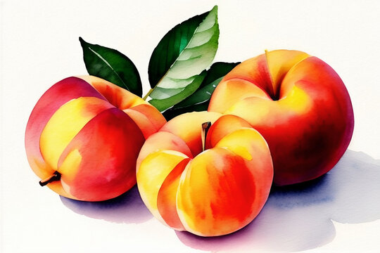 Watercolor Drawing. A Group Of Juicy Ripe Peaches With Leaves Isolated On A White Background