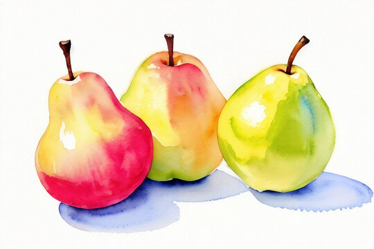 Watercolor drawing. Three organic ripe pears isolated on white background