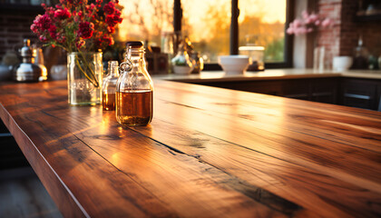 a blurred image of a wooden kitchen counter top - Powered by Adobe
