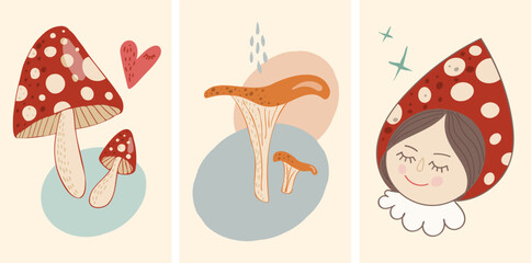 Bohemian Style Kids Room Decoration. Cute Hand Drawn Fly Agaric, Chanterelle Mushrooms, and Fairy Tail Girl. Vector Illustration Set Ideal for Cards, Invitations and Posters.