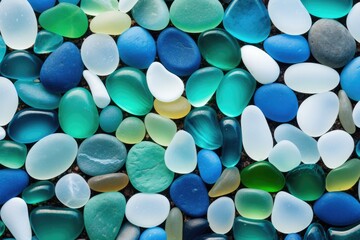Close up on colorful sea glass on the sand on the beach