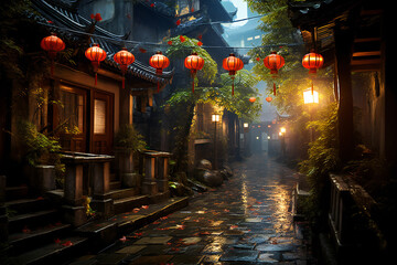 Old chinese town with narrow streets in a rainy day