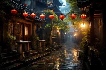 Fototapeten Old chinese town with narrow streets in a rainy day © Adrian Grosu